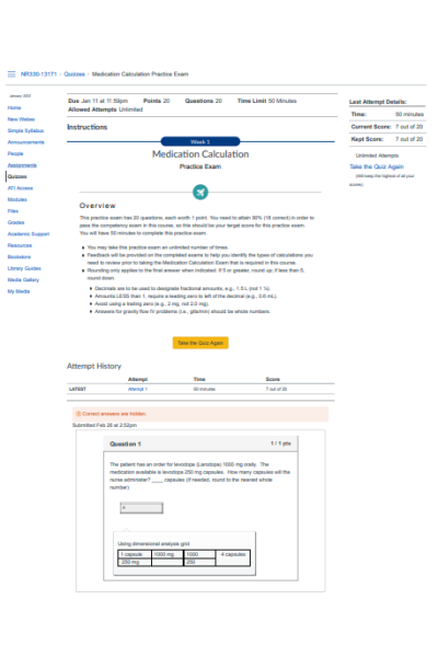 NR 330 Week 1 Medication Calculation Practice Exam